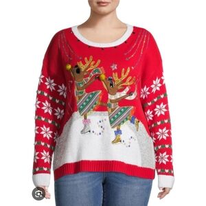 Holiday Time Ugly Christmas Sweater 1X Plus Skating Reindeer Sequin Red 16W/18W